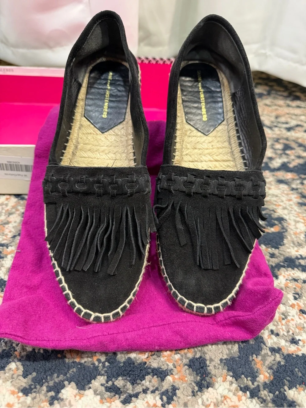 Diane von Furstenberg ‘Cadah’ Black Suede Fringe Trim Espadrilles Flats Size 9